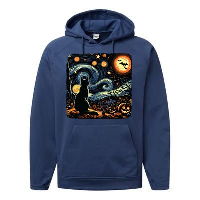 Halloween Van Gogh Starry Night Black Cat Pumpkins Bats Performance Fleece Hoodie