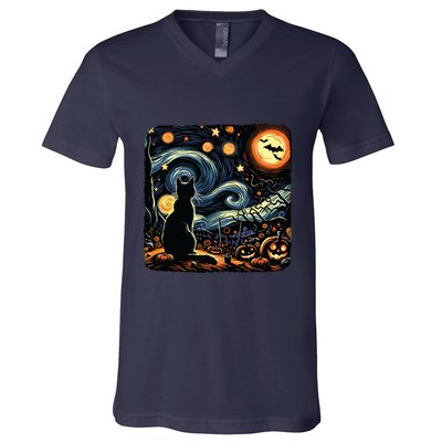 Halloween Van Gogh Starry Night Black Cat Pumpkins Bats V-Neck T-Shirt