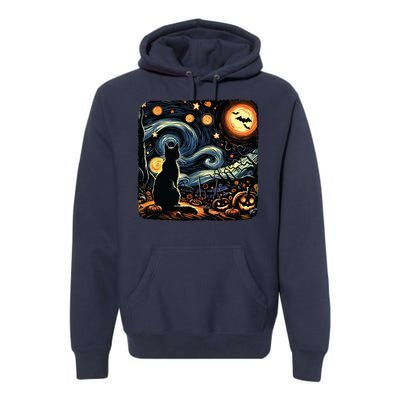 Halloween Van Gogh Starry Night Black Cat Pumpkins Bats Premium Hoodie