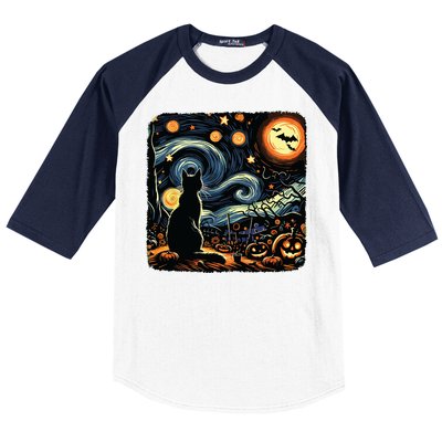 Halloween Van Gogh Starry Night Black Cat Pumpkins Bats Baseball Sleeve Shirt