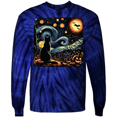 Halloween Van Gogh Starry Night Black Cat Pumpkins Bats Tie-Dye Long Sleeve Shirt