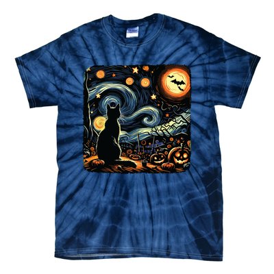 Halloween Van Gogh Starry Night Black Cat Pumpkins Bats Tie-Dye T-Shirt