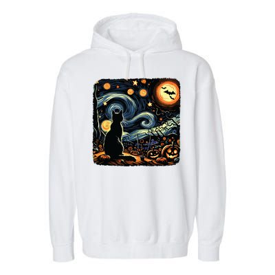 Halloween Van Gogh Starry Night Black Cat Pumpkins Bats Garment-Dyed Fleece Hoodie