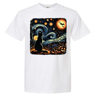 Halloween Van Gogh Starry Night Black Cat Pumpkins Bats Garment-Dyed Heavyweight T-Shirt