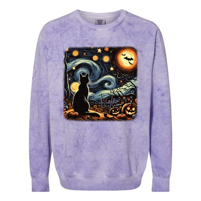 Halloween Van Gogh Starry Night Black Cat Pumpkins Bats Gift Colorblast Crewneck Sweatshirt