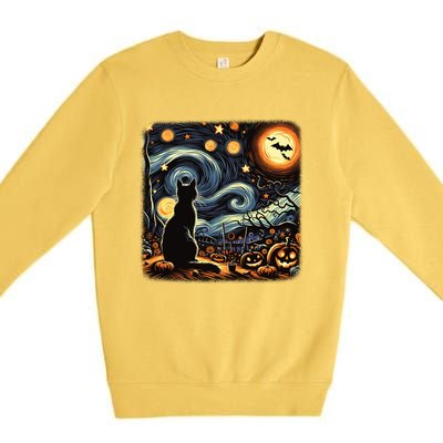 Halloween Van Gogh Starry Night Black Cat Pumpkins Bats Gift Premium Crewneck Sweatshirt