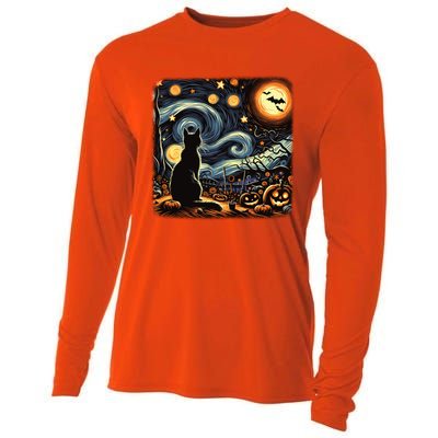 Halloween Van Gogh Starry Night Black Cat Pumpkins Bats Gift Cooling Performance Long Sleeve Crew