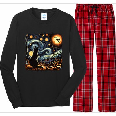 Halloween Van Gogh Starry Night Black Cat Pumpkins Bats Gift Long Sleeve Pajama Set