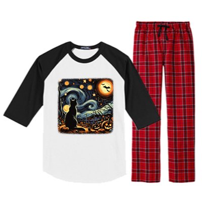 Halloween Van Gogh Starry Night Black Cat Pumpkins Bats Gift Raglan Sleeve Pajama Set