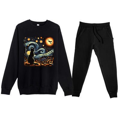 Halloween Van Gogh Starry Night Black Cat Pumpkins Bats Gift Premium Crewneck Sweatsuit Set