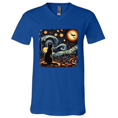 Halloween Van Gogh Starry Night Black Cat Pumpkins Bats Gift V-Neck T-Shirt