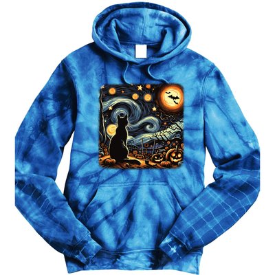 Halloween Van Gogh Starry Night Black Cat Pumpkins Bats Gift Tie Dye Hoodie