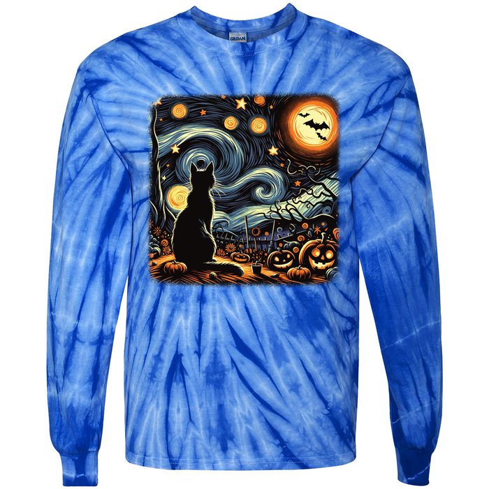 Halloween Van Gogh Starry Night Black Cat Pumpkins Bats Gift Tie-Dye Long Sleeve Shirt