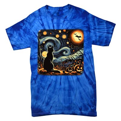 Halloween Van Gogh Starry Night Black Cat Pumpkins Bats Gift Tie-Dye T-Shirt