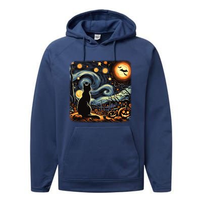 Halloween Van Gogh Starry Night Black Cat Pumpkins Bats Gift Performance Fleece Hoodie