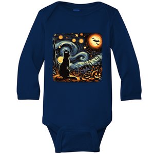 Halloween Van Gogh Starry Night Black Cat Pumpkins Bats Gift Baby Long Sleeve Bodysuit