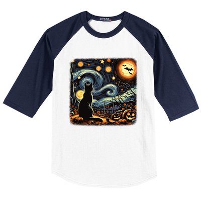 Halloween Van Gogh Starry Night Black Cat Pumpkins Bats Gift Baseball Sleeve Shirt