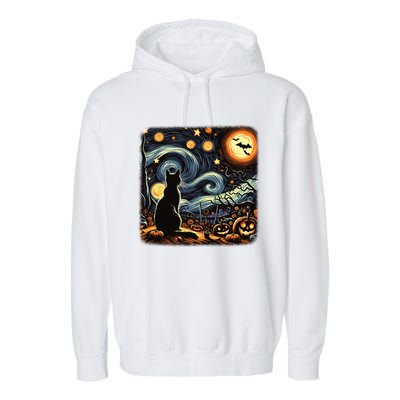 Halloween Van Gogh Starry Night Black Cat Pumpkins Bats Gift Garment-Dyed Fleece Hoodie