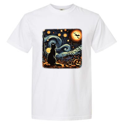 Halloween Van Gogh Starry Night Black Cat Pumpkins Bats Gift Garment-Dyed Heavyweight T-Shirt