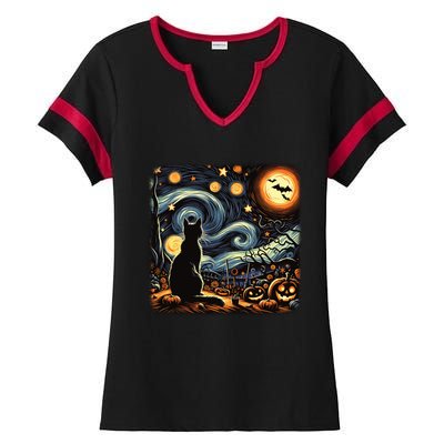 Halloween Van Gogh Starry Night Black Cat Pumpkins Bats Gift Ladies Halftime Notch Neck Tee