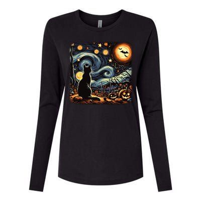 Halloween Van Gogh Starry Night Black Cat Pumpkins Bats Gift Womens Cotton Relaxed Long Sleeve T-Shirt