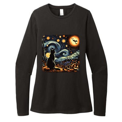 Halloween Van Gogh Starry Night Black Cat Pumpkins Bats Gift Womens CVC Long Sleeve Shirt