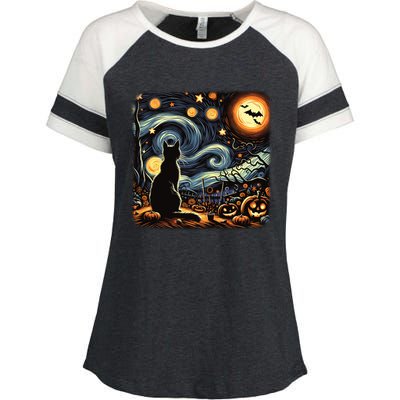 Halloween Van Gogh Starry Night Black Cat Pumpkins Bats Gift Enza Ladies Jersey Colorblock Tee