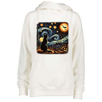 Halloween Van Gogh Starry Night Black Cat Pumpkins Bats Gift Womens Funnel Neck Pullover Hood