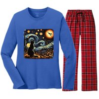 Halloween Van Gogh Starry Night Black Cat Pumpkins Bats Gift Women's Long Sleeve Flannel Pajama Set 