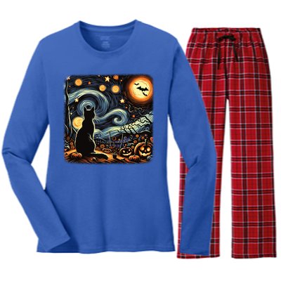 Halloween Van Gogh Starry Night Black Cat Pumpkins Bats Gift Women's Long Sleeve Flannel Pajama Set 