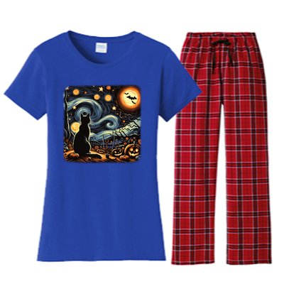 Halloween Van Gogh Starry Night Black Cat Pumpkins Bats Gift Women's Flannel Pajama Set