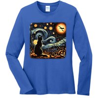 Halloween Van Gogh Starry Night Black Cat Pumpkins Bats Gift Ladies Long Sleeve Shirt