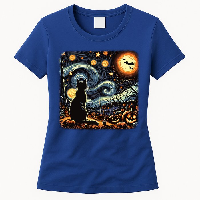 Halloween Van Gogh Starry Night Black Cat Pumpkins Bats Gift Women's T-Shirt