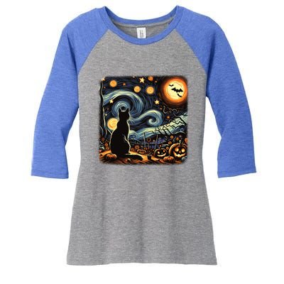 Halloween Van Gogh Starry Night Black Cat Pumpkins Bats Gift Women's Tri-Blend 3/4-Sleeve Raglan Shirt