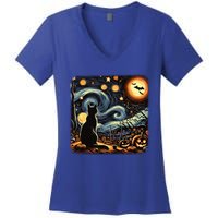 Halloween Van Gogh Starry Night Black Cat Pumpkins Bats Gift Women's V-Neck T-Shirt