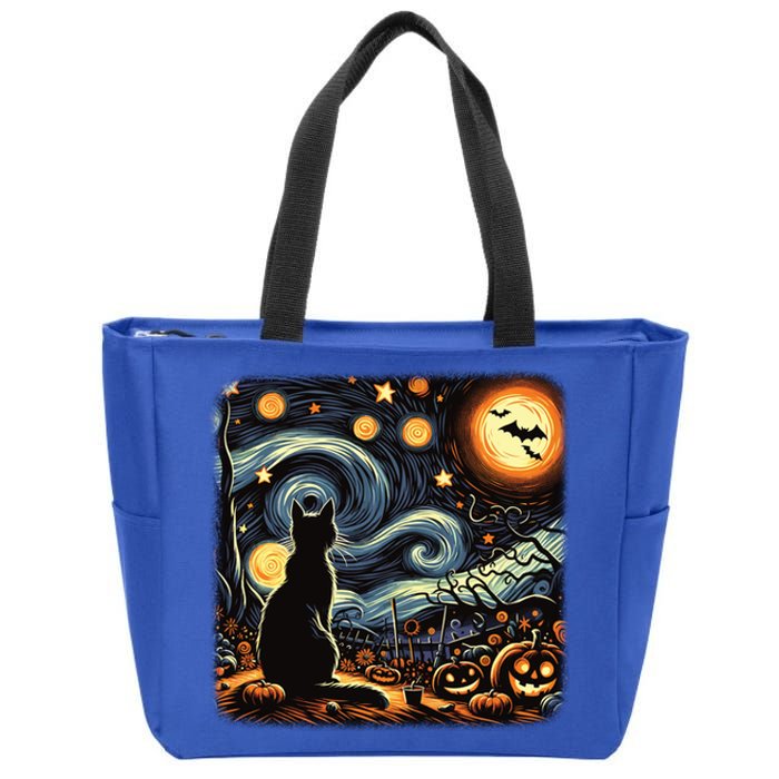 Halloween Van Gogh Starry Night Black Cat Pumpkins Bats Gift Zip Tote Bag