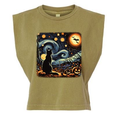 Halloween Van Gogh Starry Night Black Cat Pumpkins Bats Gift Garment-Dyed Women's Muscle Tee