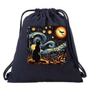 Halloween Van Gogh Starry Night Black Cat Pumpkins Bats Gift Drawstring Bag