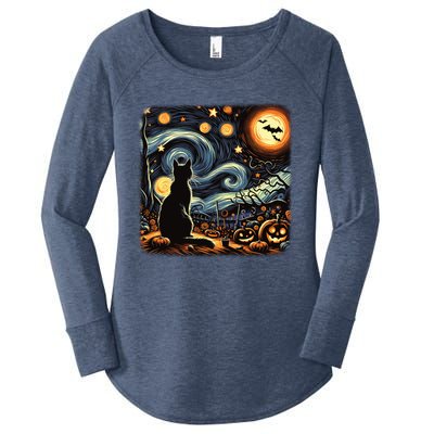 Halloween Van Gogh Starry Night Black Cat Pumpkins Bats Gift Women's Perfect Tri Tunic Long Sleeve Shirt