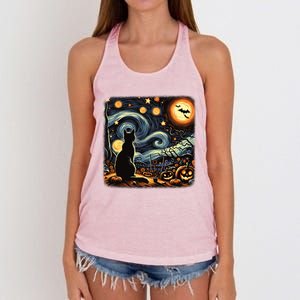 Halloween Van Gogh Starry Night Black Cat Pumpkins Bats Gift Women's Knotted Racerback Tank