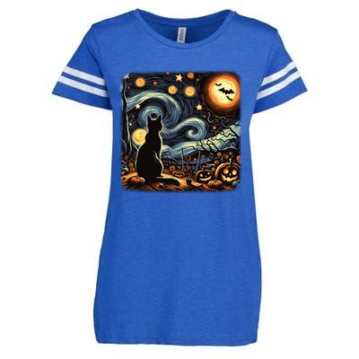 Halloween Van Gogh Starry Night Black Cat Pumpkins Bats Gift Enza Ladies Jersey Football T-Shirt