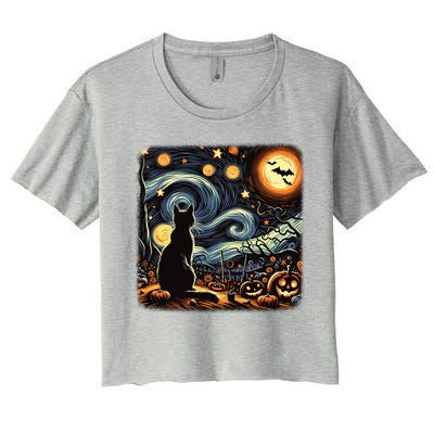 Halloween Van Gogh Starry Night Black Cat Pumpkins Bats Gift Women's Crop Top Tee