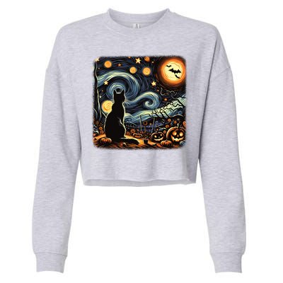 Halloween Van Gogh Starry Night Black Cat Pumpkins Bats Gift Cropped Pullover Crew