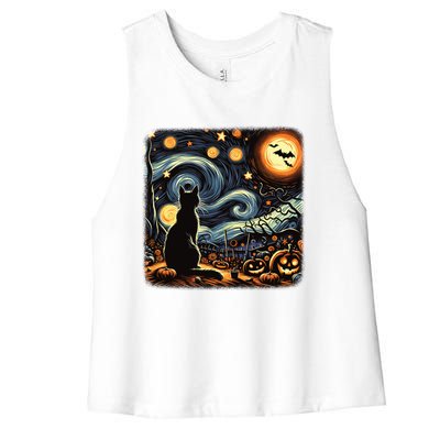 Halloween Van Gogh Starry Night Black Cat Pumpkins Bats Gift Women's Racerback Cropped Tank