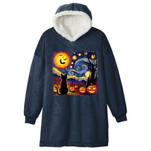 Halloween Van Gogh Starry Night Black Cat Pumpkins Bats Cute Gift Hooded Wearable Blanket