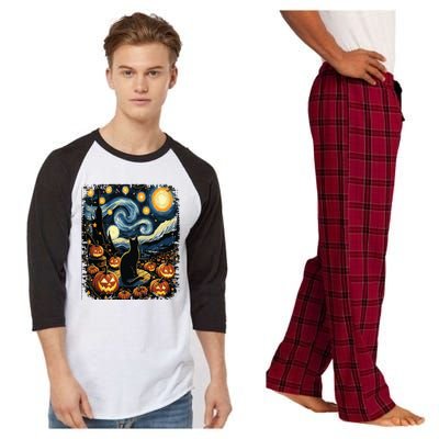 Halloween Van Gogh Starry Night Black Cat Pumpkins Raglan Sleeve Pajama Set