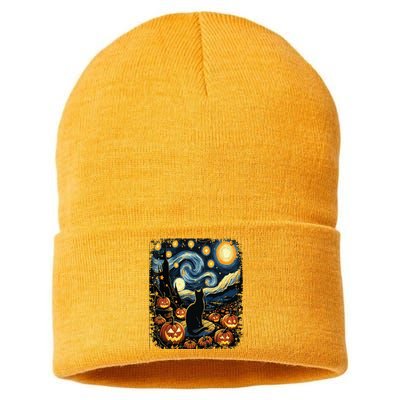 Halloween Van Gogh Starry Night Black Cat Pumpkins Sustainable Knit Beanie