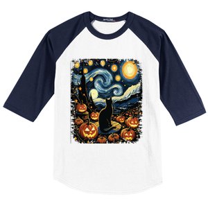 Halloween Van Gogh Starry Night Black Cat Pumpkins Baseball Sleeve Shirt