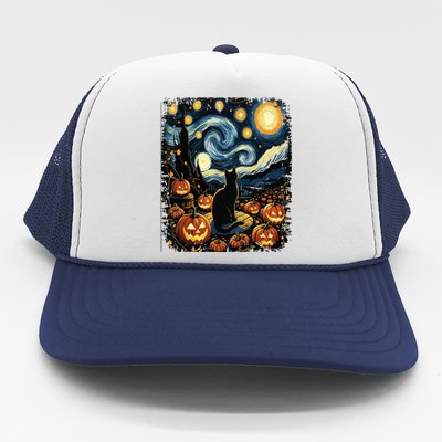 Halloween Van Gogh Starry Night Black Cat Pumpkins Trucker Hat