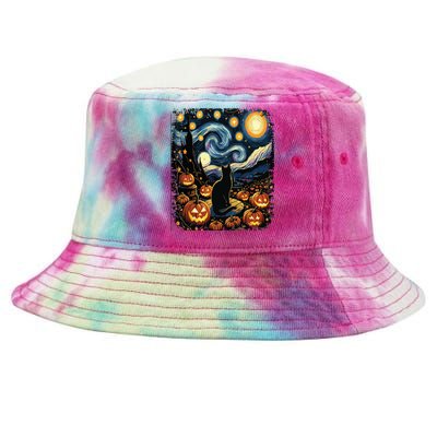 Halloween Van Gogh Starry Night Black Cat Pumpkins Tie-Dyed Bucket Hat